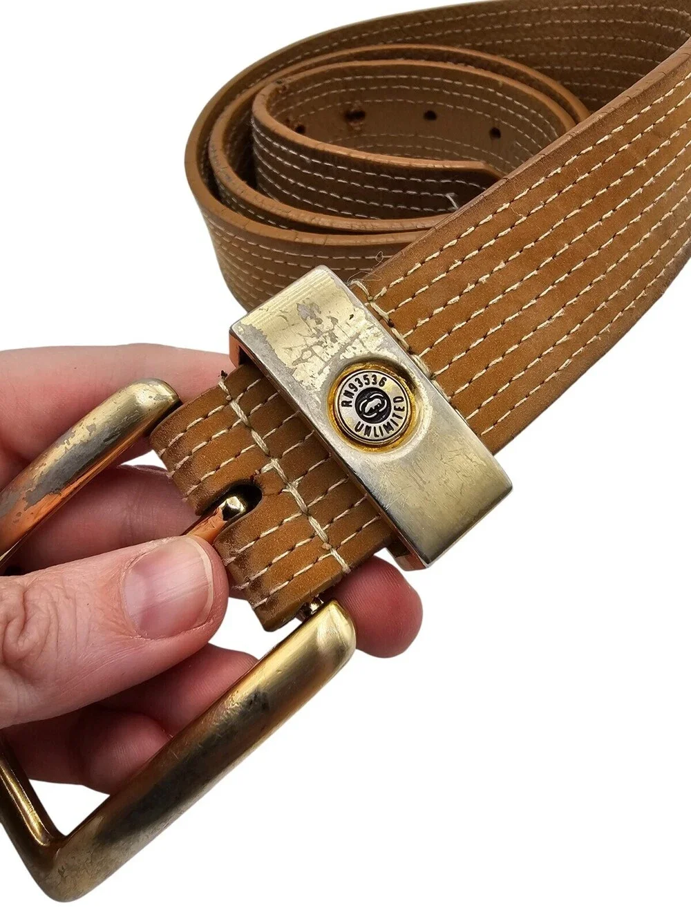 Vintage Y2K Ecko Unltd Mens Sz L Brown Leather Belt w/ Gold Buckle